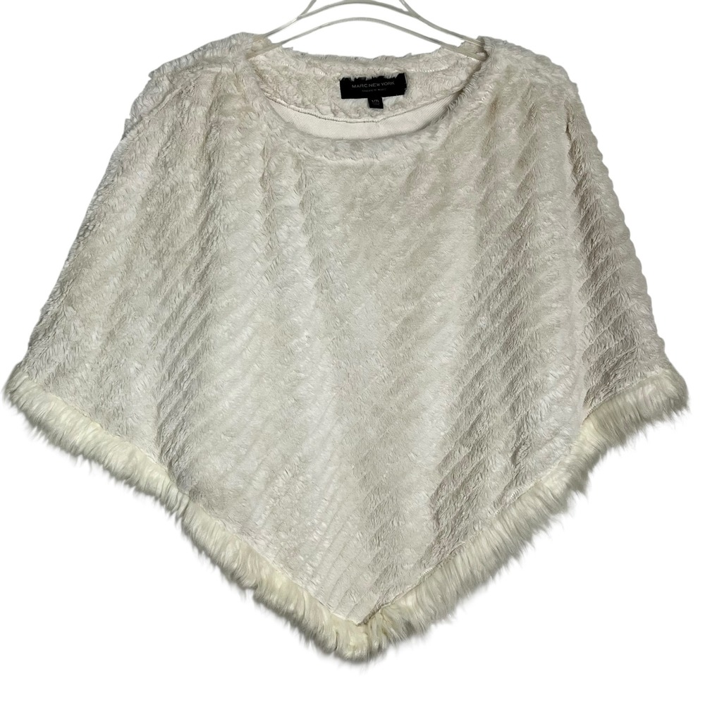 Marc‎ New York Faux Fur Trim Poncho Cape Ivory Cream L/XL Cozy Soft  (2975)